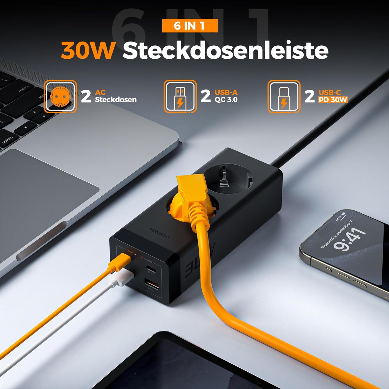 TESSAN 30W GaN USB-C Mehrfachstecker mit 2 AC-Fach