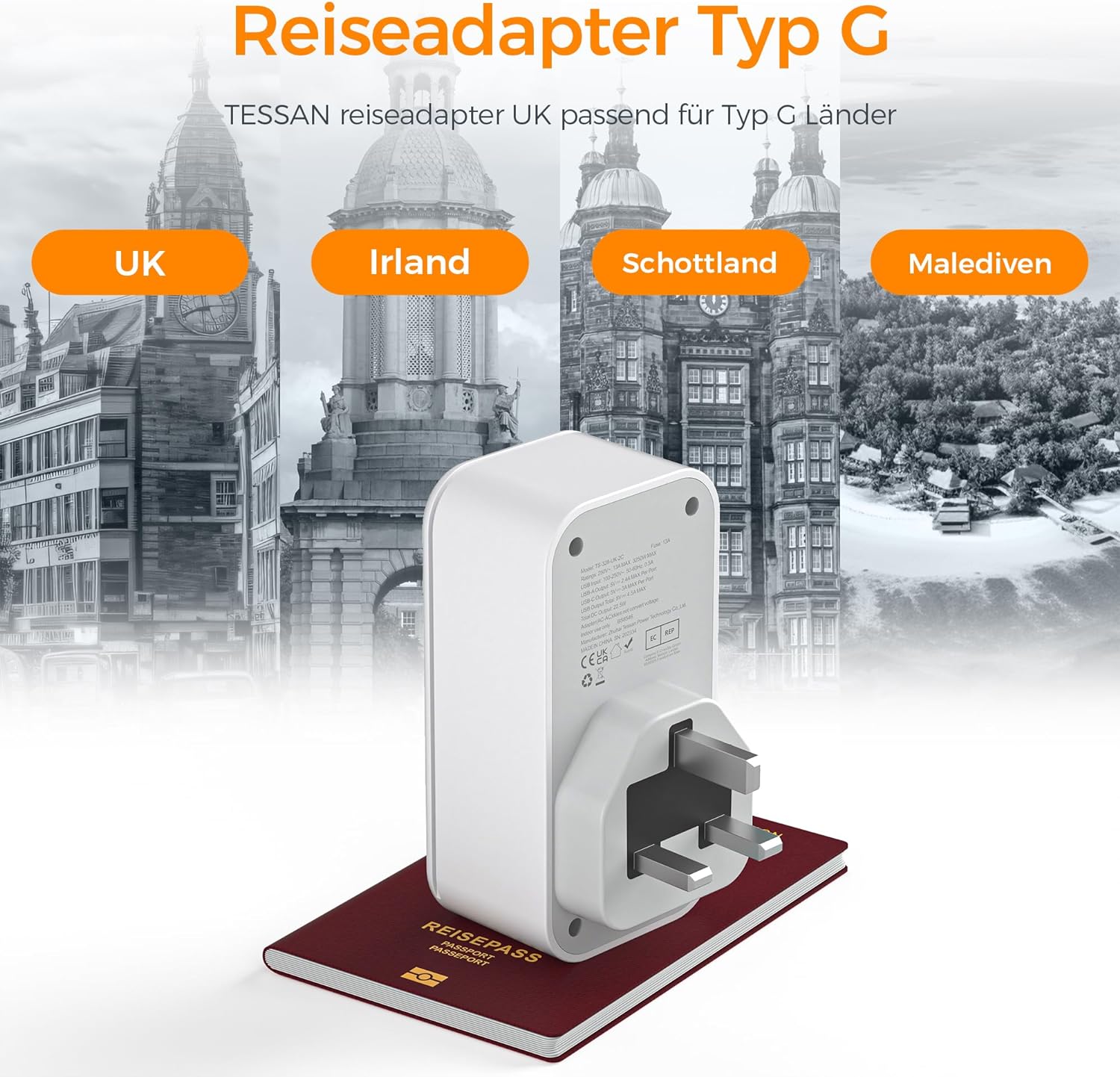 TESSAN 6 in 1 Reiseadapter UK mit 2 USB C und 2 USB A,Typ G