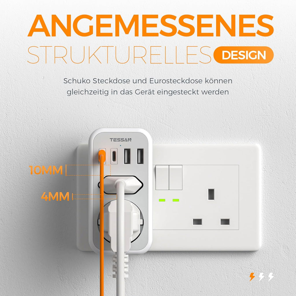 TESSAN 6 in 1 Reiseadapter UK mit 2 USB C und 2 USB A,Typ G